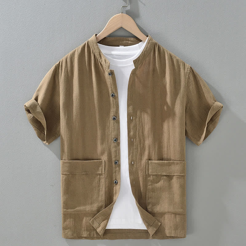 Buddha Stones Summer Casual Mandarin Collar Button-Up Solid Men's Short Sleeve Shirts With Pockets - BurlyWood - US/UK/AU42,EU52 (3XL) - image 1