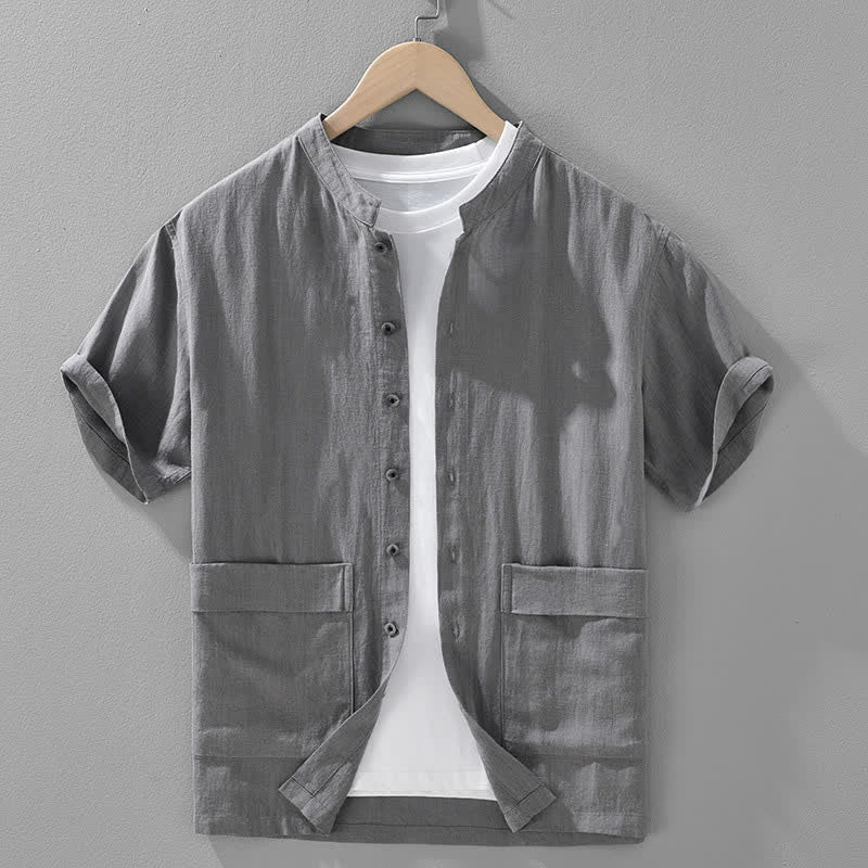 Buddha Stones Summer Casual Mandarin Collar Button-Up Solid Men's Short Sleeve Shirts With Pockets - SlateGray - US/UK/AU42,EU52 (3XL) - image 2