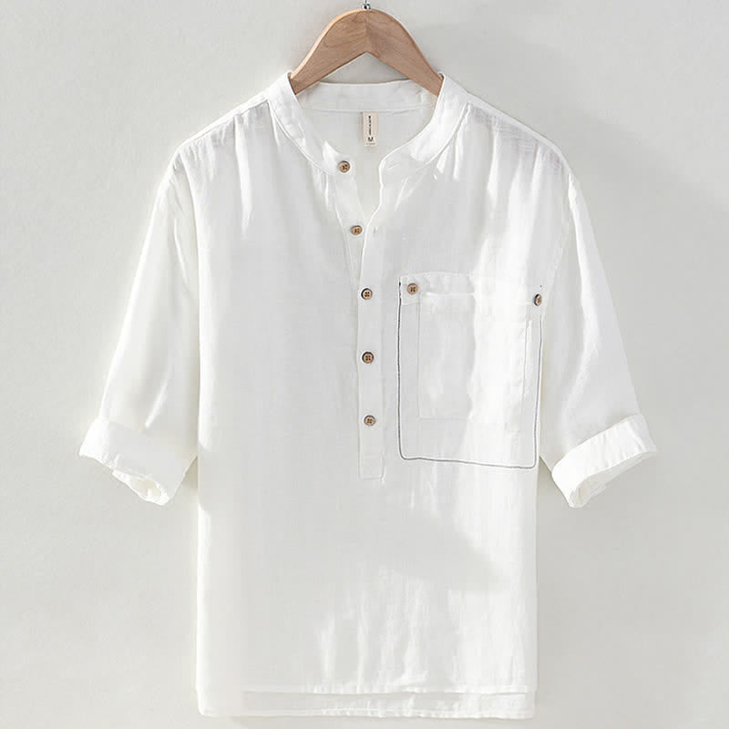 Buddha Stones Summer Casual Tang Style Mandarin Collar Solid Linen Men's Short Sleeve Shirts With Patch Pocket - White - US/UK/AU42,EU52 (3XL) - image 13