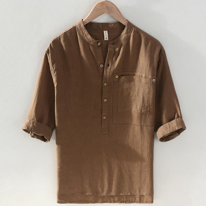 Buddha Stones Summer Casual Tang Style Mandarin Collar Solid Linen Men's Short Sleeve Shirts With Patch Pocket - Sienna - US/UK/AU42,EU52 (3XL) - image 0