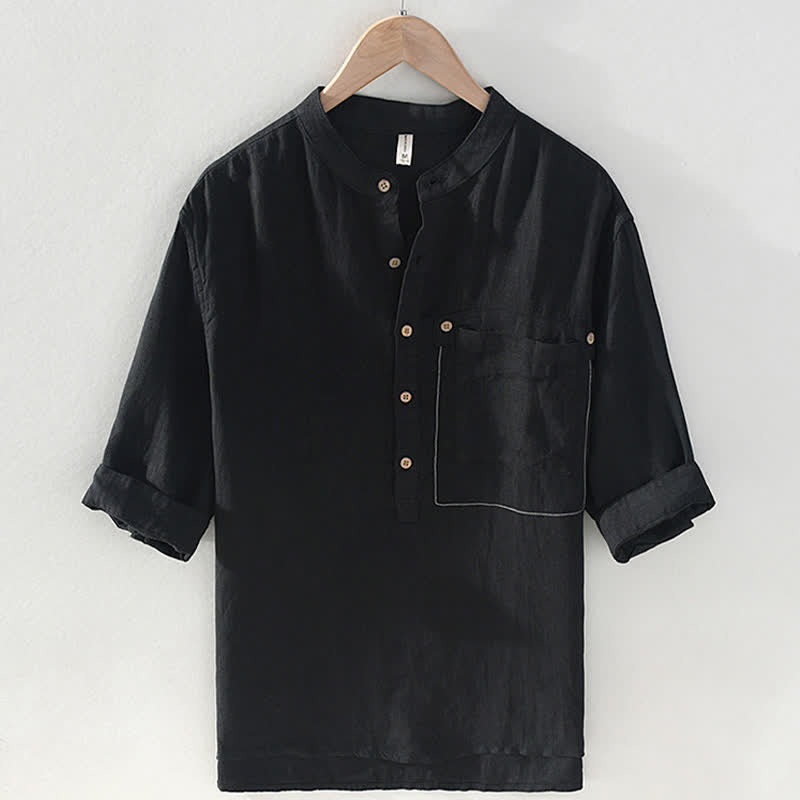 Buddha Stones Summer Casual Tang Style Mandarin Collar Solid Linen Men's Short Sleeve Shirts With Patch Pocket - Black - US/UK/AU42,EU52 (3XL) - image 8