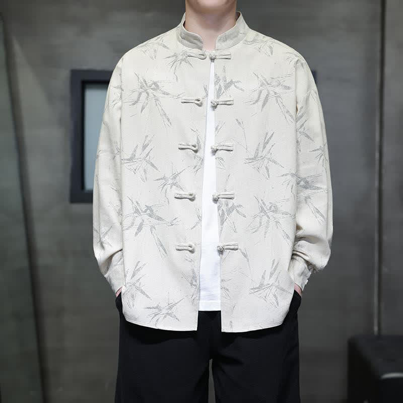 Buddha Stones Fall Tang Style Vintage Mandarin Collar Bamboo Leaf Cotton Linen Men's Long Sleeve Shirts - White - US/UK/AU46,EU56 (5XL) - image 0