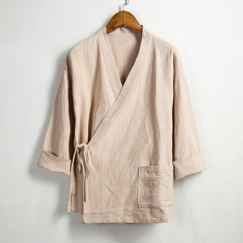 Buddha Stones Spring Casual Tang Style Drawstring Solid Ramie Men's Kimonos With Pocket - Wheat - US/UK/AU44,EU54 (4XL) - image 0