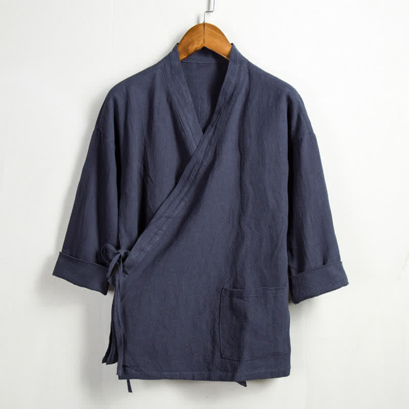 Buddha Stones Spring Casual Tang Style Drawstring Solid Ramie Men's Kimonos With Pocket - SlateGray - US/UK/AU44,EU54 (4XL) - image 14