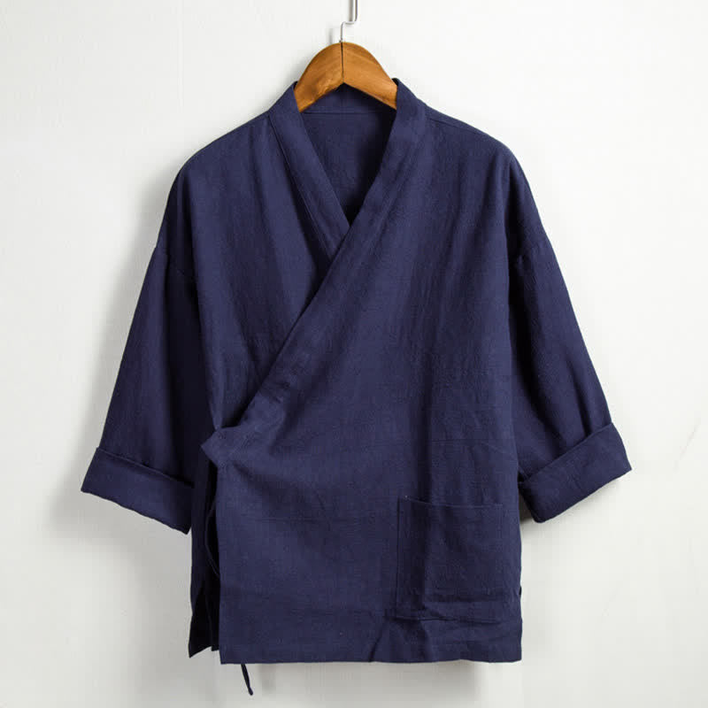 Buddha Stones Spring Casual Tang Style Drawstring Solid Ramie Men's Kimonos With Pocket - Navy - US/UK/AU44,EU54 (4XL) - image 12
