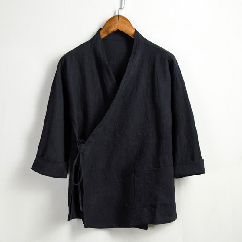 Buddha Stones Spring Casual Tang Style Drawstring Solid Ramie Men's Kimonos With Pocket - Black - US/UK/AU44,EU54 (4XL) - image 10