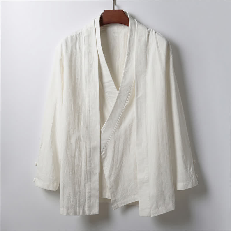Buddha Stones Spring Casual Minimalist Solid Lapel Ramie Men's Kimono - White - US/UK/AU44,EU54 (4XL) - image 12