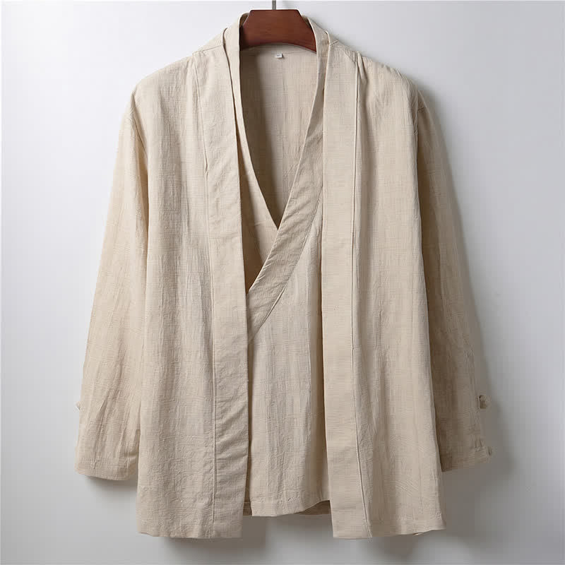 Buddha Stones Spring Casual Minimalist Solid Lapel Ramie Men's Kimono - Linen - US/UK/AU44,EU54 (4XL) - image 0