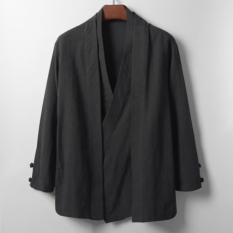 Buddha Stones Spring Casual Minimalist Solid Lapel Ramie Men's Kimono - Black - US/UK/AU44,EU54 (4XL) - image 8