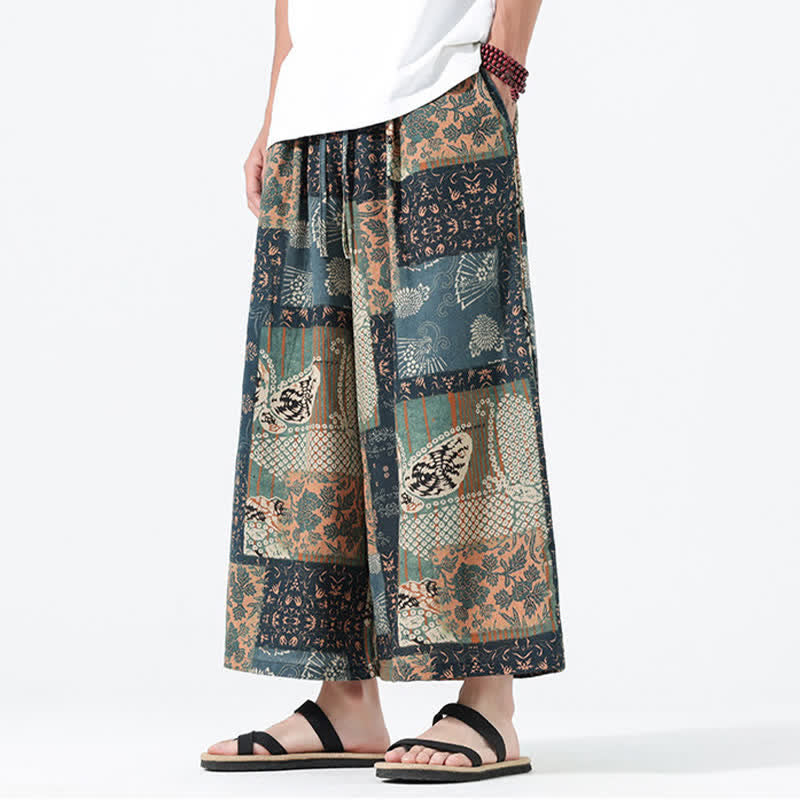 Buddha Stones Spring Summer Boho Casual Drawstring Floral Patchwork Cropped Pants Men's Wide Leg Pants With Pockets - BurlyWood - US/UK/AU46,EU56 (5XL) - image 0