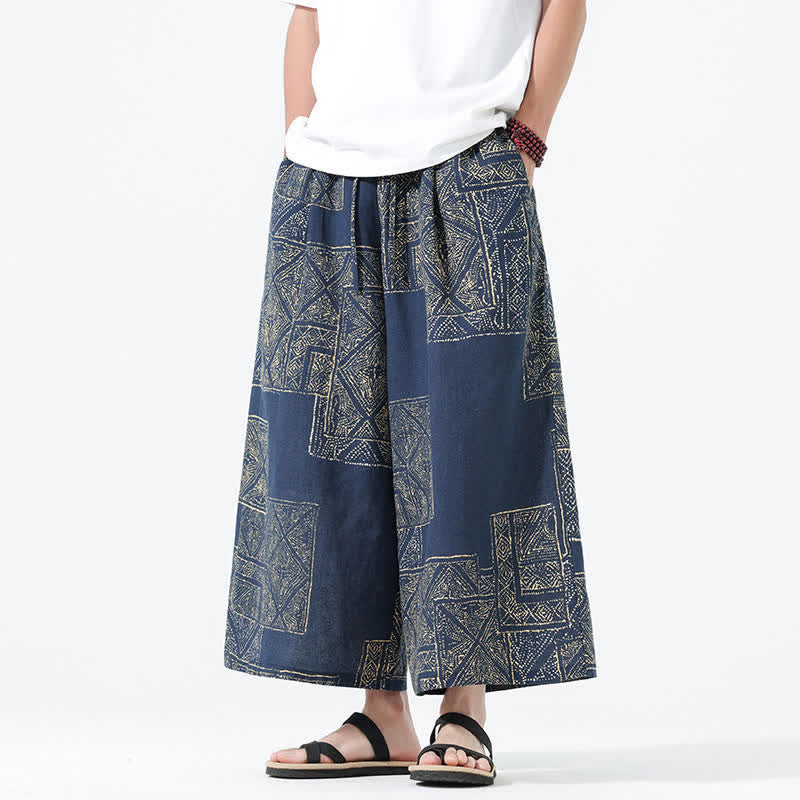 Buddha Stones Spring Summer Boho Casual Drawstring Floral Patchwork Cropped Pants Men's Wide Leg Pants With Pockets - SteelBlue - US/UK/AU46,EU56 (5XL) - image 10