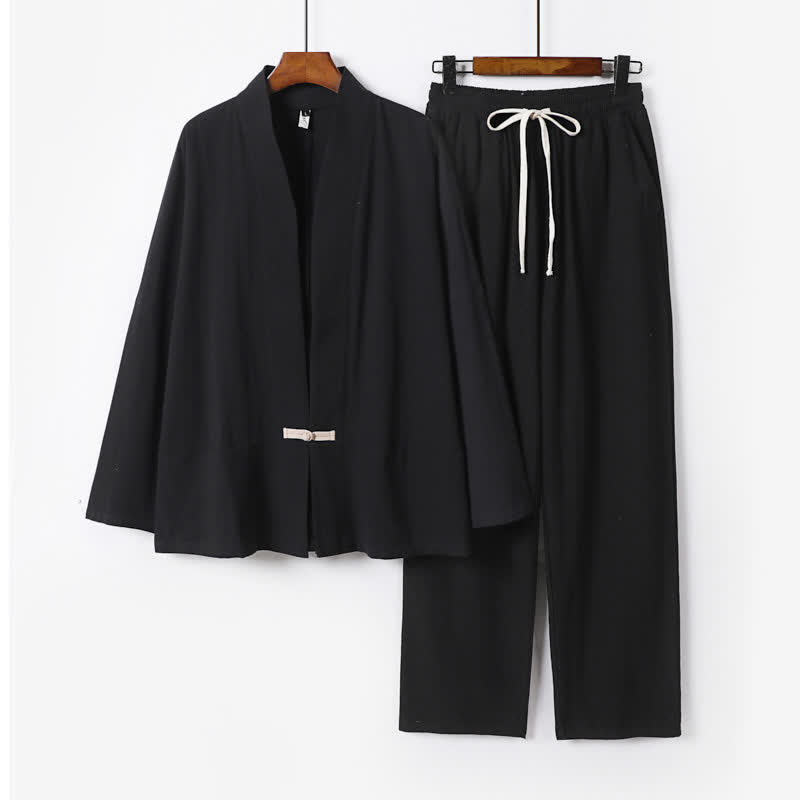 Buddha Stones 2Pcs Spring Solid Ramie V-Neck Kimono Drawstring Pants Men's Meditation Cloth With Pockets - Black - US/UK/AU54,EU64 (9XL) - image 3