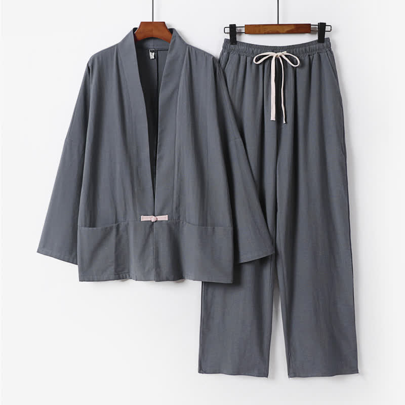 Buddha Stones 2Pcs Spring Solid Ramie V-Neck Kimono Drawstring Pants Men's Meditation Cloth With Pockets - SlateGray - US/UK/AU54,EU64 (9XL) - image 0