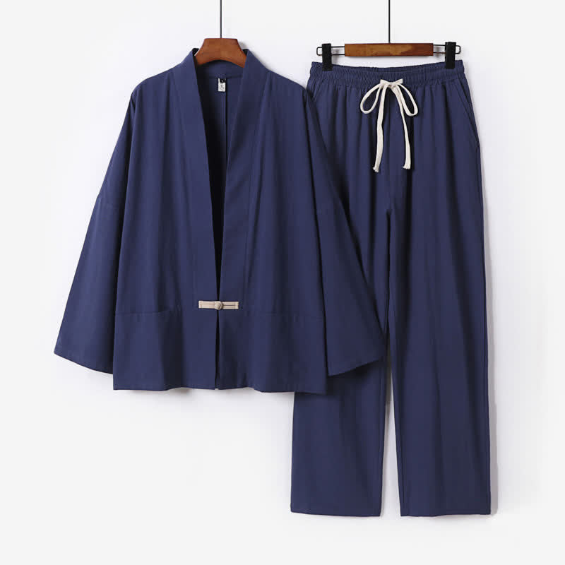 Buddha Stones 2Pcs Spring Solid Ramie V-Neck Kimono Drawstring Pants Men's Meditation Cloth With Pockets - MidnightBlue - US/UK/AU54,EU64 (9XL) - image 6