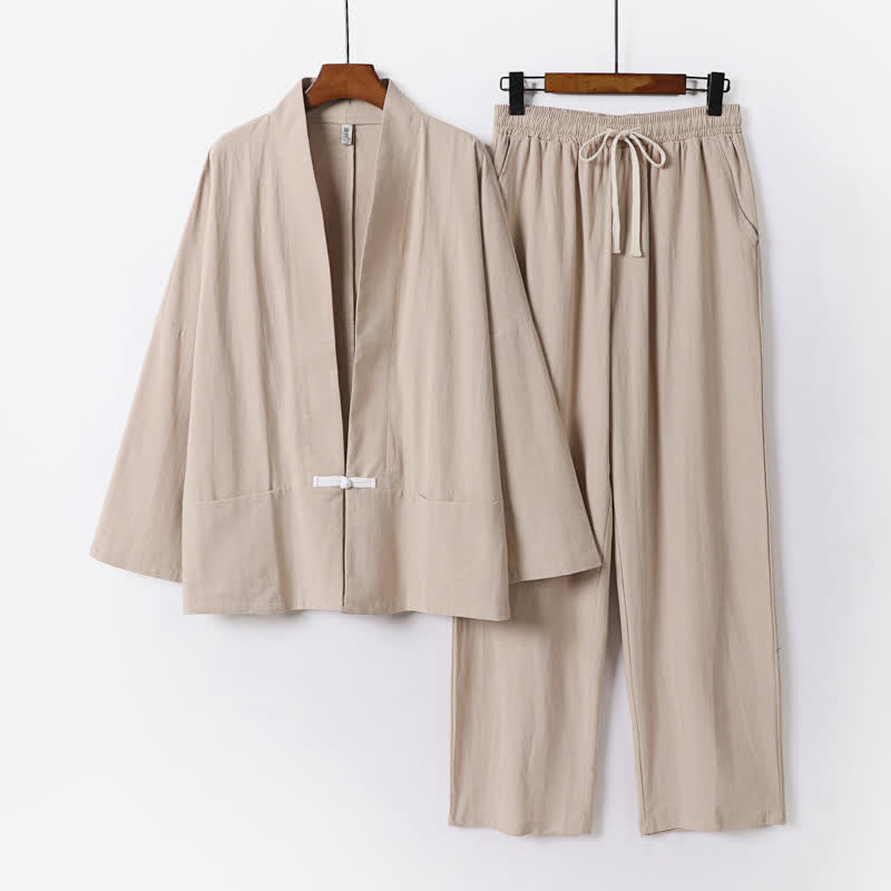 Buddha Stones 2Pcs Spring Solid Ramie V-Neck Kimono Drawstring Pants Men's Meditation Cloth With Pockets - BurlyWood - US/UK/AU54,EU64 (9XL) - image 9