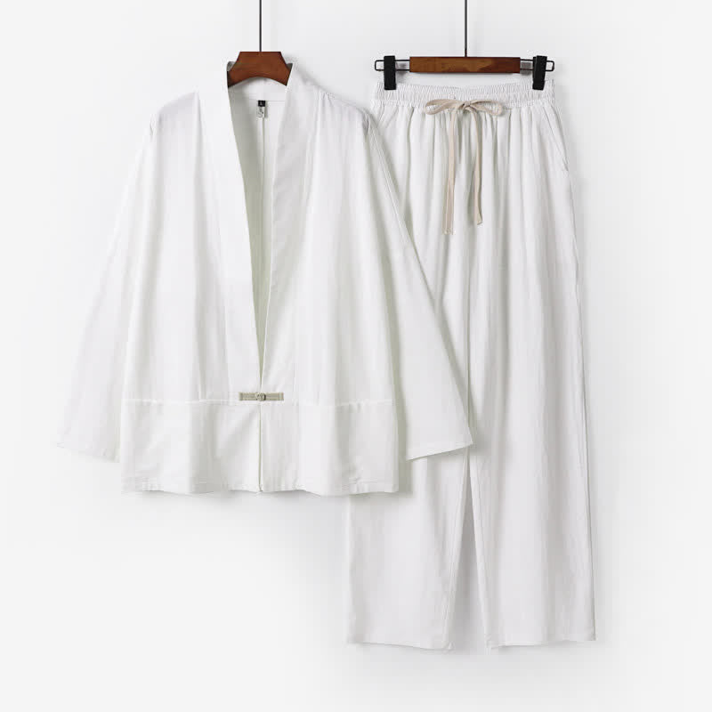 Buddha Stones 2Pcs Spring Solid Ramie V-Neck Kimono Drawstring Pants Men's Meditation Cloth With Pockets - White - US/UK/AU54,EU64 (9XL) - image 10