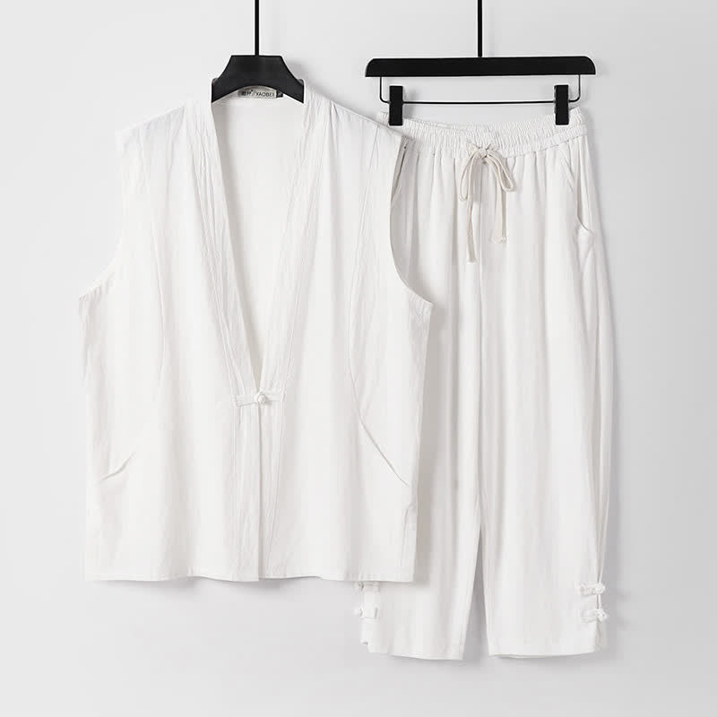 Buddha Stones 2Pcs Summer Tang Style Meditation Frog Button Solid Linen V-Neck Sleeveless Shirt Pants Men's Meditation Cloth With Pockets - White - US/UK/AU54,EU64 (9XL) - image 21
