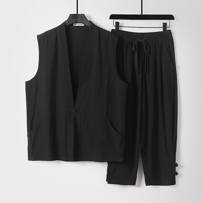 Buddha Stones 2Pcs Summer Tang Style Meditation Frog Button Solid Linen V-Neck Sleeveless Shirt Pants Men's Meditation Cloth With Pockets - Black - US/UK/AU54,EU64 (9XL) - image 16