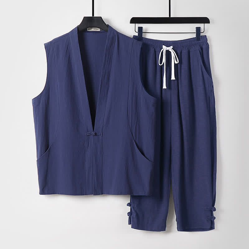 Buddha Stones 2Pcs Summer Tang Style Meditation Frog Button Solid Linen V-Neck Sleeveless Shirt Pants Men's Meditation Cloth With Pockets - MidnightBlue - US/UK/AU54,EU64 (9XL) - image 0