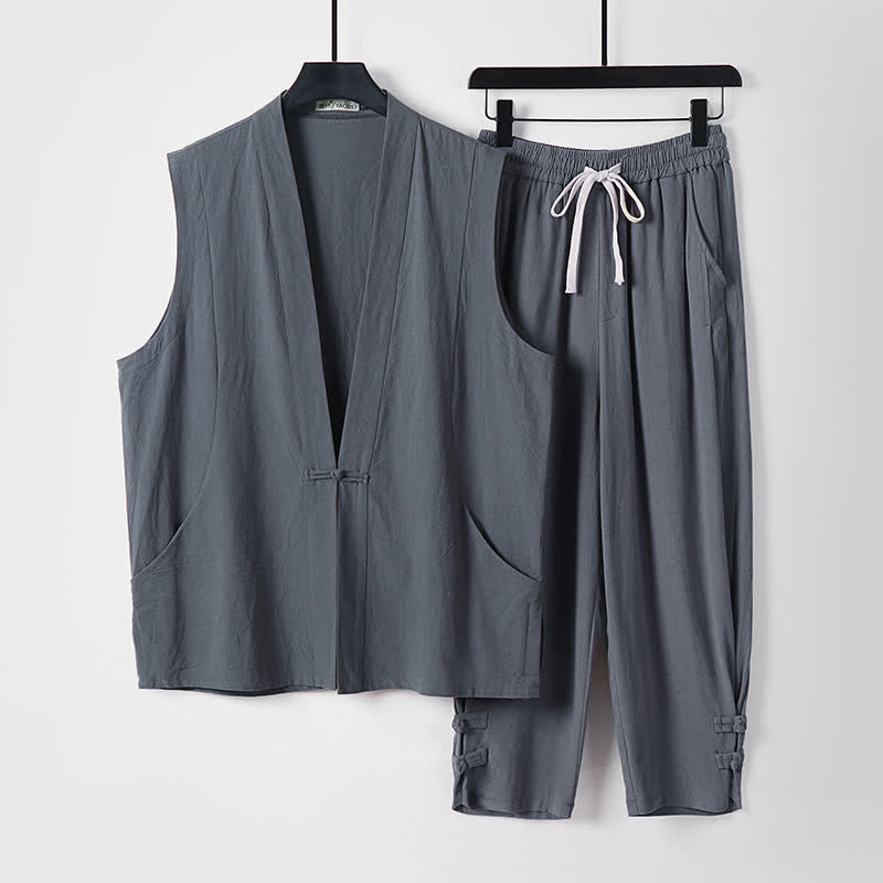 Buddha Stones 2Pcs Summer Tang Style Meditation Frog Button Solid Linen V-Neck Sleeveless Shirt Pants Men's Meditation Cloth With Pockets - SlateGray - US/UK/AU54,EU64 (9XL) - image 2