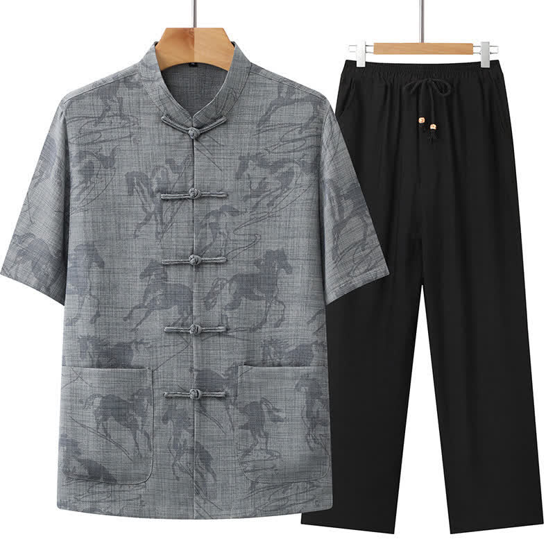 Buddha Stones 2Pcs Summer Tang Style Casual Frog Button Mandarin Collar Horse Print Short Sleeve Shirt Pants Men's Meditation Cloth With Pockets - DarkGray - US/UK/AU42,EU52 (3XL) - image 4