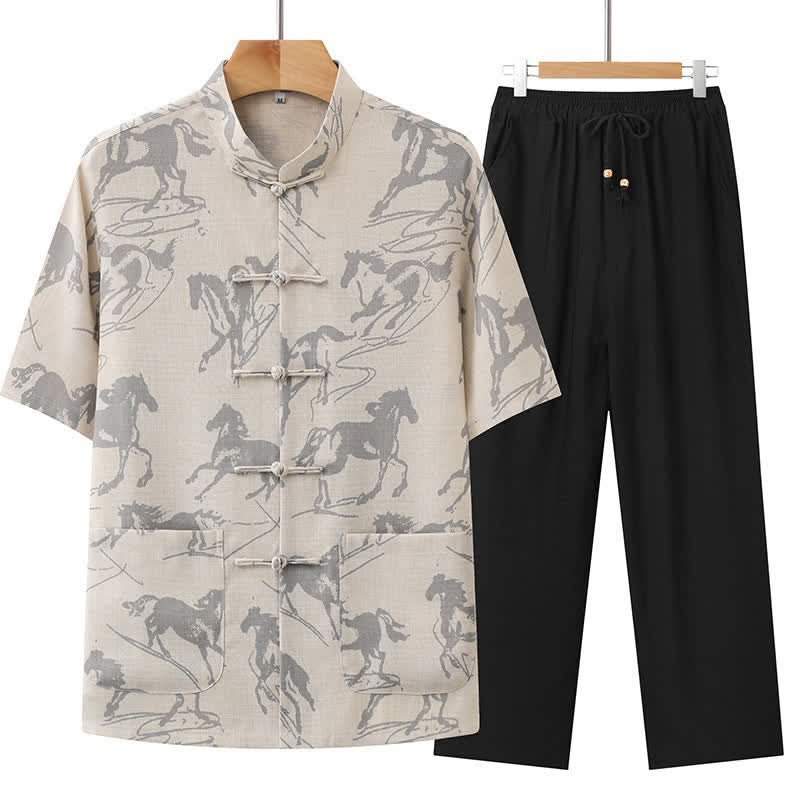 Buddha Stones 2Pcs Summer Tang Style Casual Frog Button Mandarin Collar Horse Print Short Sleeve Shirt Pants Men's Meditation Cloth With Pockets - Beige - US/UK/AU42,EU52 (3XL) - image 0