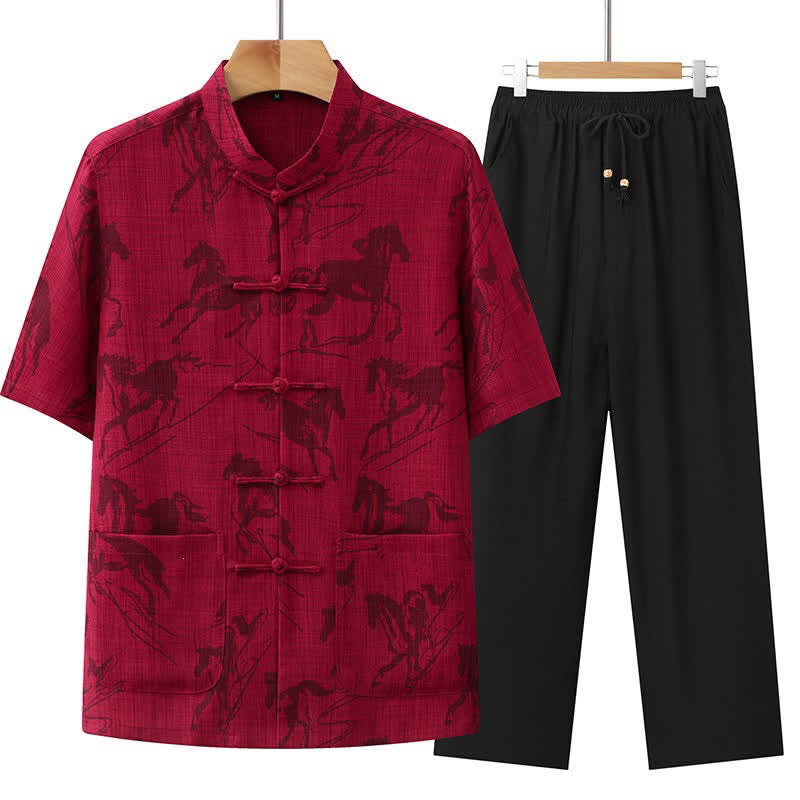 Buddha Stones 2Pcs Summer Tang Style Casual Frog Button Mandarin Collar Horse Print Short Sleeve Shirt Pants Men's Meditation Cloth With Pockets - Crimson - US/UK/AU42,EU52 (3XL) - image 13