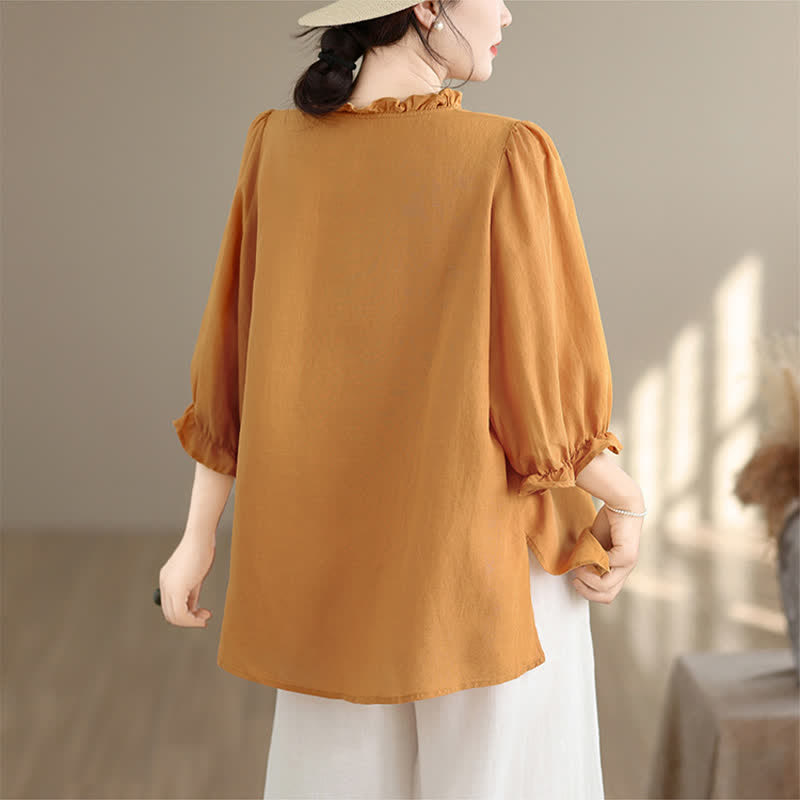 Buddha Stones Summer Casual Vintage Embroidery Colorful Floral Ruffled V-Neck Women's Three-Quarter Sleeve Shirts - image 2