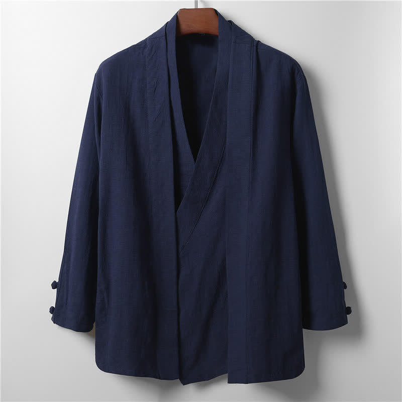 Buddha Stones Spring Casual Minimalist Solid Lapel Ramie Men's Kimono - MidnightBlue - US/UK/AU44,EU54 (4XL) - image 10