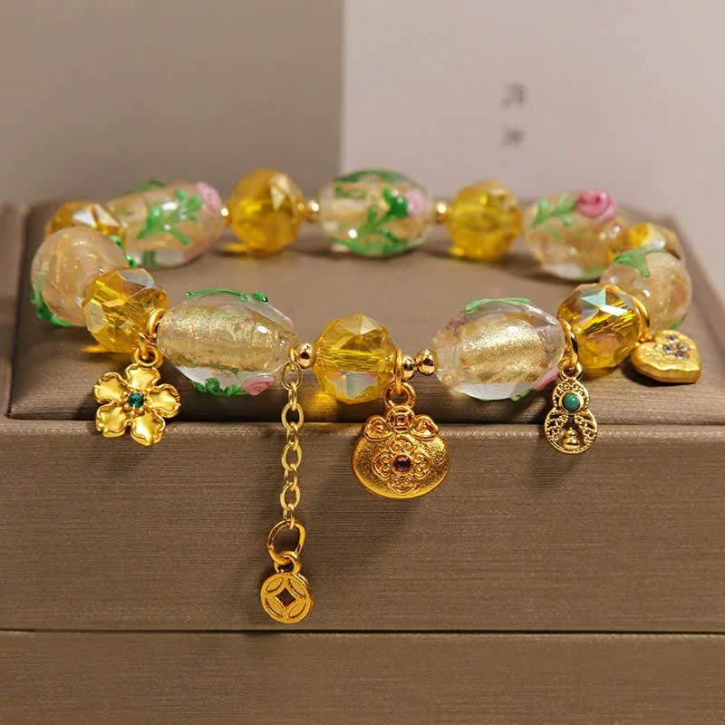 Buddha Stones Yellow Liuli Faceted Money Bag Copper Coin Gourd Abundance Charm Chinese Style Bracelet - Liuli(Wrist Circumference: 5.91-6.29 in / 15-16cm) - image 0