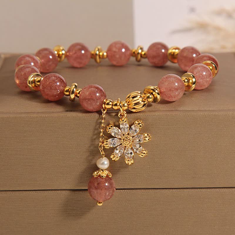 Buddha Stones Strawberry Quartz Pearl Daisy Love Bracelet - Daisy Flower(Wrist Circumference: 5.91-6.29 in / 15-16cm) - image 0