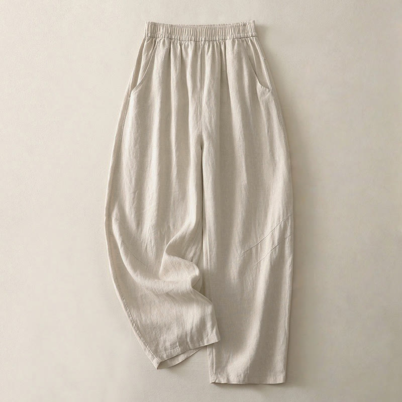 Buddha Stones Summer Daily Solid Color Elastic Waistband Design Women's Wide Leg Pants With Pockets - Beige - US8-10,UK/AU12-14,EU40-42 (2XL) - image 0
