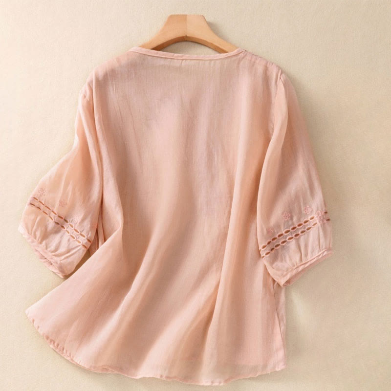 Buddha Stones Artistic Plain Floral Embroidered Design Crew Neck Puff Half Sleeve Women's T-Shirt - MistyRose - US8-10,UK/AU12-14,EU40-42 (2XL) - image 5