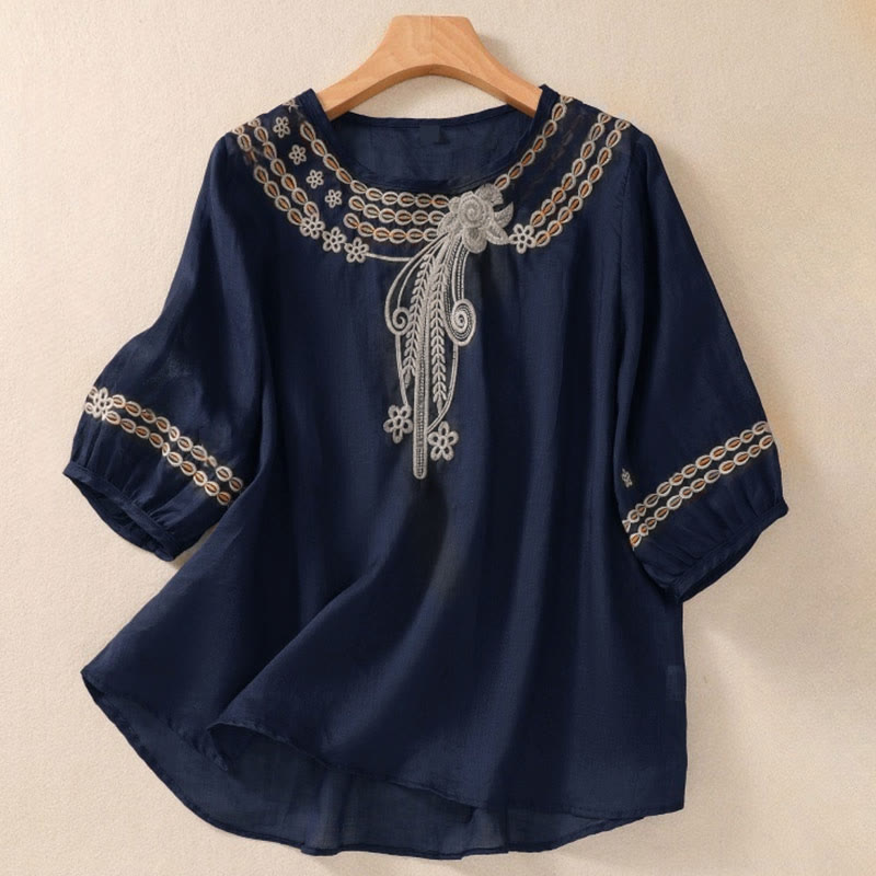 Buddha Stones Artistic Plain Floral Embroidered Design Crew Neck Puff Half Sleeve Women's T-Shirt - DarkSlateBlue - US8-10,UK/AU12-14,EU40-42 (2XL) - image 0