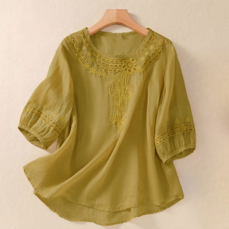 Buddha Stones Artistic Plain Floral Embroidered Design Crew Neck Puff Half Sleeve Women's T-Shirt - DarkGoldenrod - US8-10,UK/AU12-14,EU40-42 (2XL) - image 12