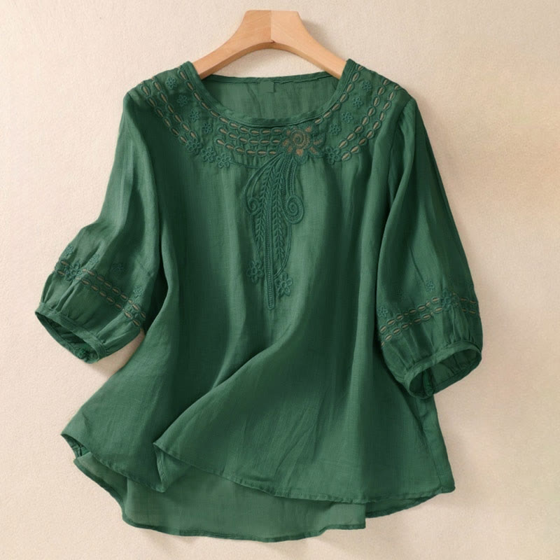 Buddha Stones Artistic Plain Floral Embroidered Design Crew Neck Puff Half Sleeve Women's T-Shirt - DarkGreen - US8-10,UK/AU12-14,EU40-42 (2XL) - image 19