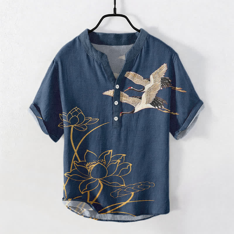 Buddha Stones Cotton Crane Golden Lotus Pattern Men's Short Sleeve Half Button Shirt - SteelBlue - US/UK/AU50,EU60 (5XL) - image 0