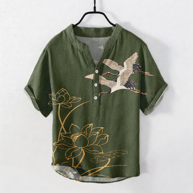 Buddha Stones Cotton Crane Golden Lotus Pattern Men's Short Sleeve Half Button Shirt - OliveDrab - US/UK/AU50,EU60 (5XL) - image 5
