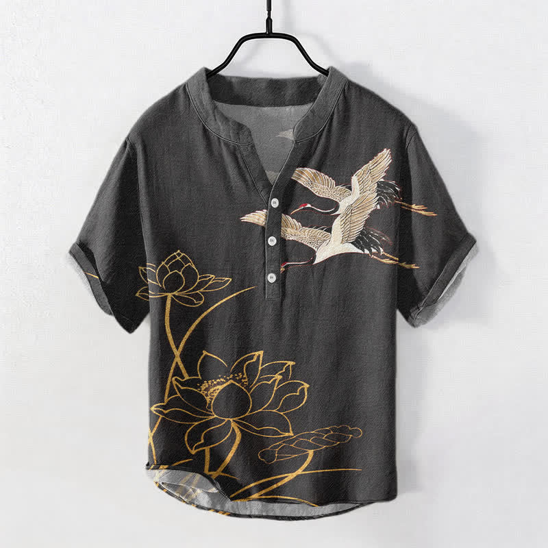 Buddha Stones Cotton Crane Golden Lotus Pattern Men's Short Sleeve Half Button Shirt - Black - US/UK/AU50,EU60 (5XL) - image 10
