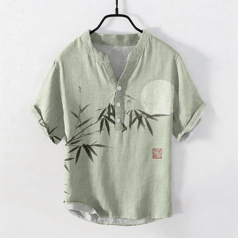 Buddha Stones Cotton Ink Bamboo Moon Pattern Men's Short Sleeve Half Button Shirt - LightGreen - US/UK/AU50,EU60 (5XL) - image 0