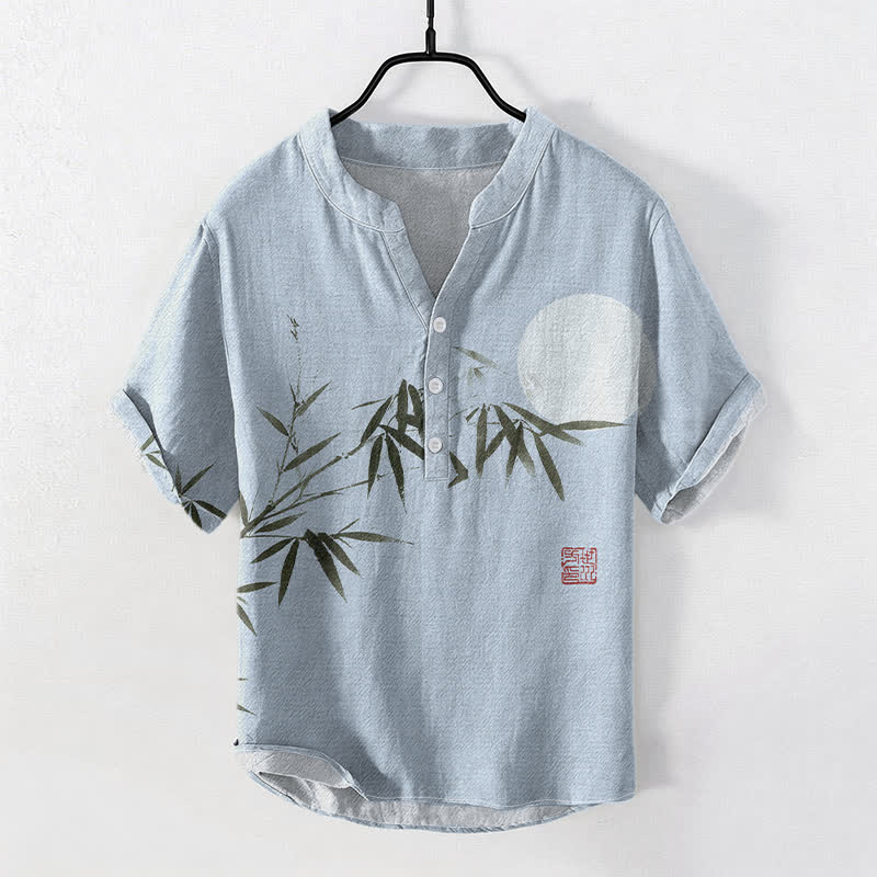 Buddha Stones Cotton Ink Bamboo Moon Pattern Men's Short Sleeve Half Button Shirt - LightBlue - US/UK/AU50,EU60 (5XL) - image 3