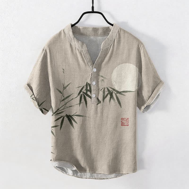 Buddha Stones Cotton Ink Bamboo Moon Pattern Men's Short Sleeve Half Button Shirt - Beige - US/UK/AU50,EU60 (5XL) - image 5