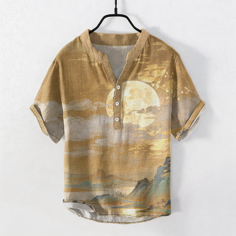 Buddha Stones Cotton Moon Cloud Mountain Pattern Men's Short Sleeve Half Button Shirt - Goldenrod - US/UK/AU50,EU60 (5XL) - image 0