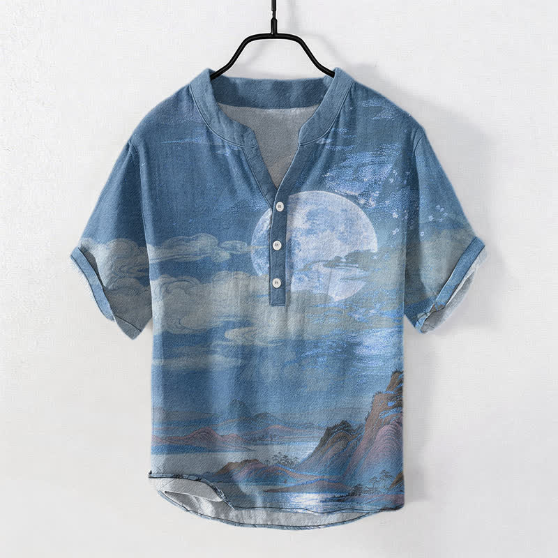 Buddha Stones Cotton Moon Cloud Mountain Pattern Men's Short Sleeve Half Button Shirt - SteelBlue - US/UK/AU50,EU60 (5XL) - image 5