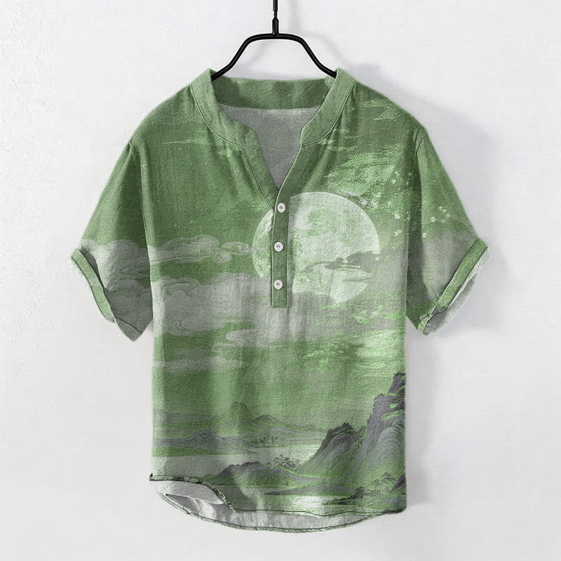 Buddha Stones Cotton Moon Cloud Mountain Pattern Men's Short Sleeve Half Button Shirt - SeaGreen - US/UK/AU50,EU60 (5XL) - image 10