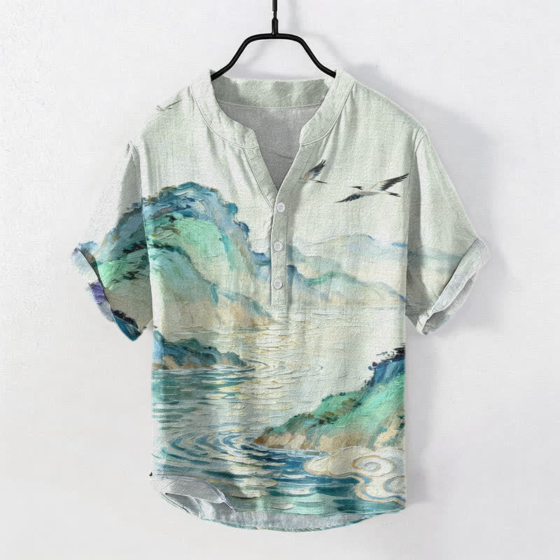 Buddha Stones Cotton Coastal Watercolor Landscape Pattern Men's Short Sleeve Half Button Shirt - MintCream - US/UK/AU50,EU60 (5XL) - image 0