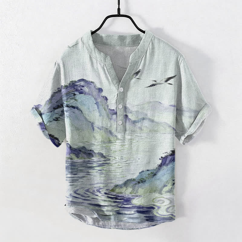 Buddha Stones Cotton Coastal Watercolor Landscape Pattern Men's Short Sleeve Half Button Shirt - Honeydew - US/UK/AU50,EU60 (5XL) - image 3