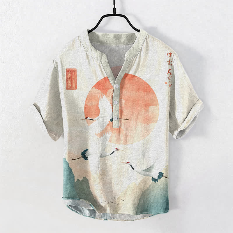 Buddha Stones Cotton Red Sun Flying Crane Pattern Men's Short Sleeve Half Button Shirt - Linen - US/UK/AU50,EU60 (5XL) - image 0