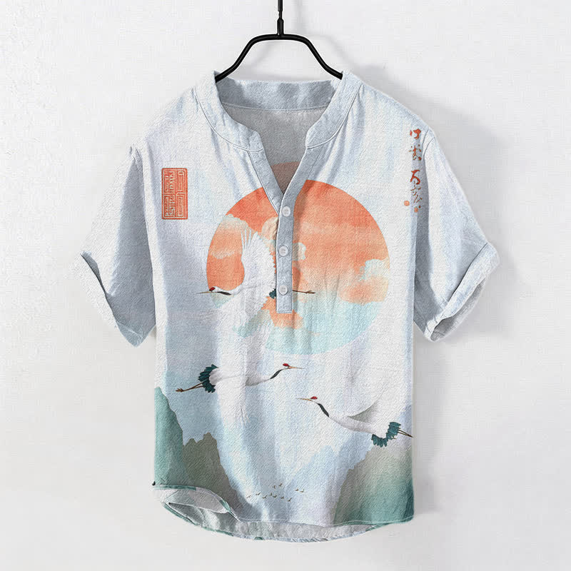 Buddha Stones Cotton Red Sun Flying Crane Pattern Men's Short Sleeve Half Button Shirt - LightBlue - US/UK/AU50,EU60 (5XL) - image 3