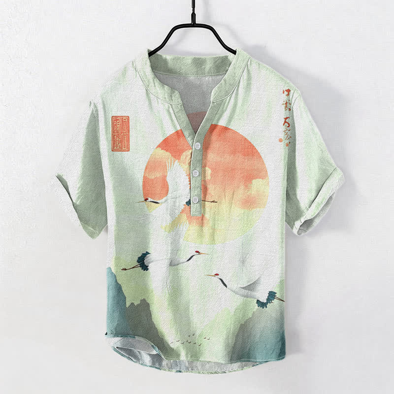 Buddha Stones Cotton Red Sun Flying Crane Pattern Men's Short Sleeve Half Button Shirt - MintCream - US/UK/AU50,EU60 (5XL) - image 6